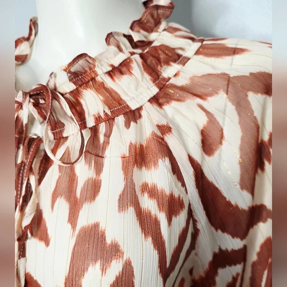 Sheer Women's Ruffle-Neck Button Front Blouse - Cream & Rust - Picture 3 of 9